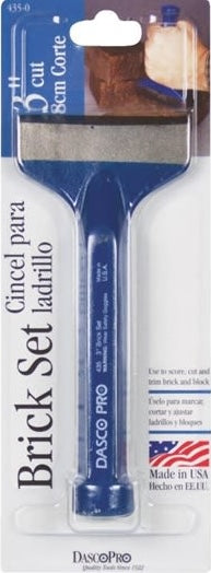 Blue-handled steel brick set tool for precise cutting and trimming in woodworking and home improvement projects