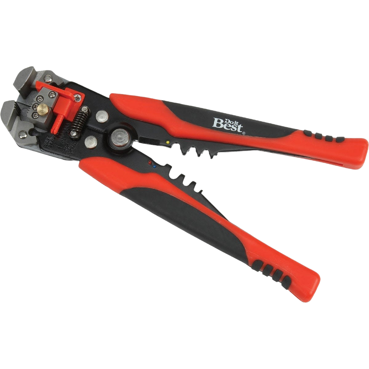 Red and black automatic wire stripper with ergonomic handles for stripping solid and stranded wires in home improvement tasks