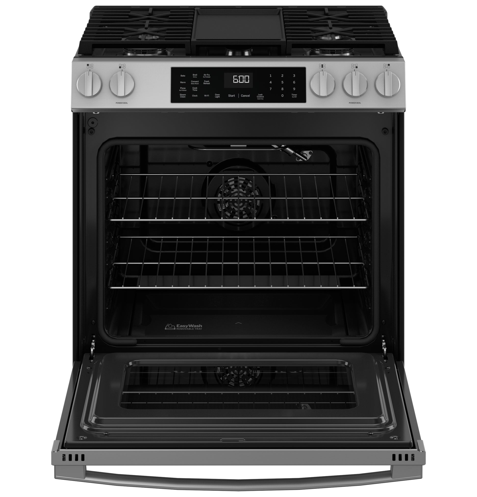 Front view of a stainless steel slide-in gas range with oven door open showcasing racks and EasyWash™ tray in appliances collection