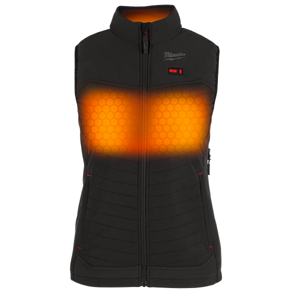 Women’s black heated vest with front chest warming areas, lightweight durable outerwear from Milwaukee apparel collection.