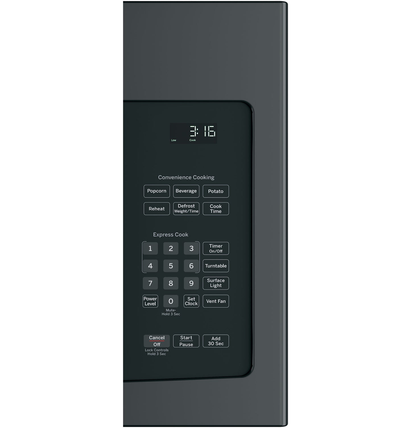 Control panel of black over-the-range microwave with digital display, preset cooking options, and vent fan controls from kitchen appliances collection