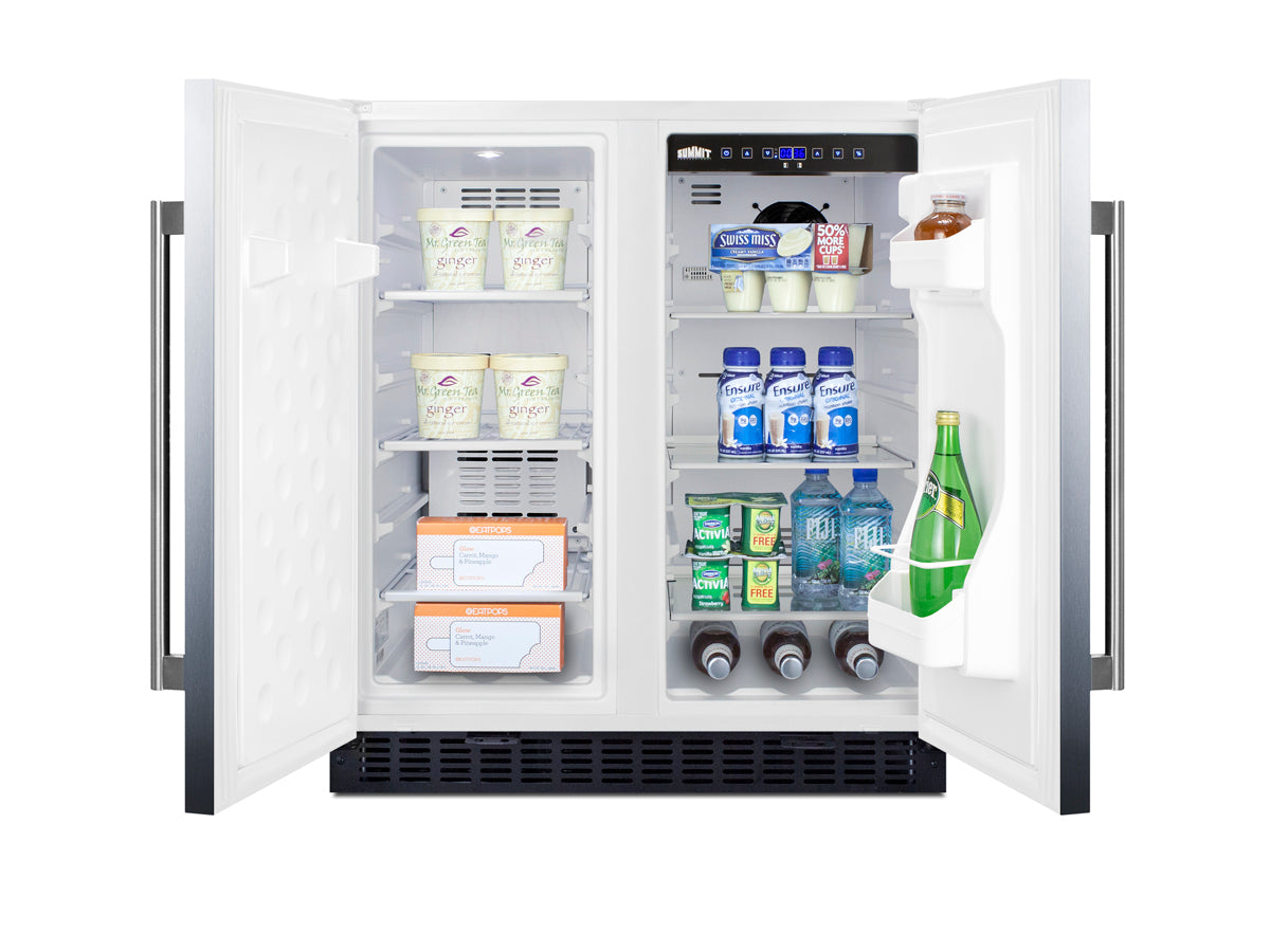 Built-in 30-inch wide side-by-side refrigerator-freezer with stainless steel doors stocked with beverages and food items