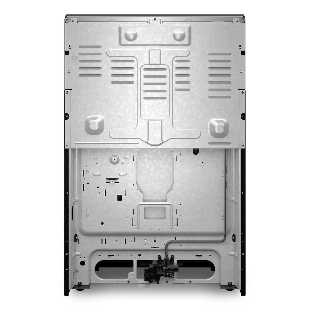 Rear view of a metal gas range housing showing ventilation and burner connections for kitchen appliance installation