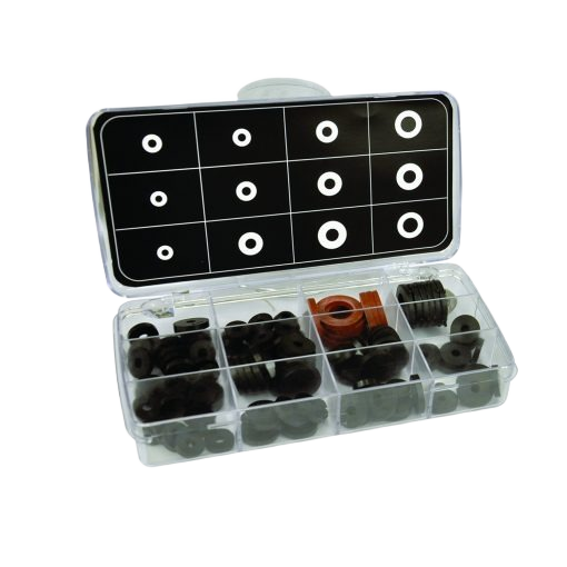 Plastic organizer case open to reveal various sized washers for plumbing repair and maintenance projects