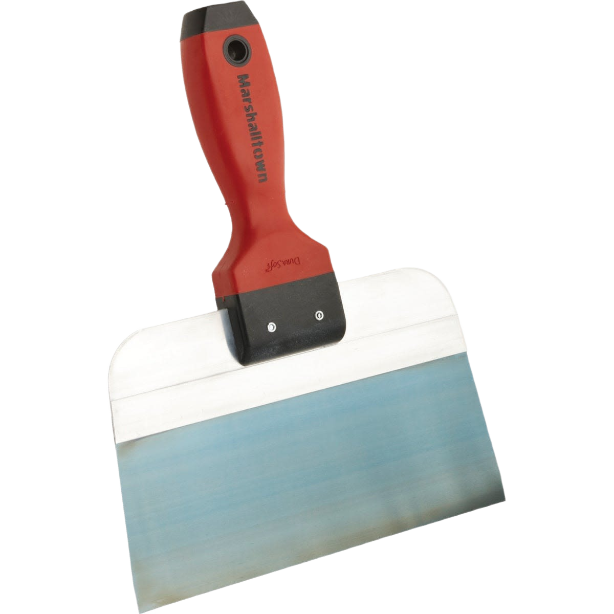 Steel drywall taping knife with red ergonomic handle for smooth wall finishing in tools and home improvement tasks