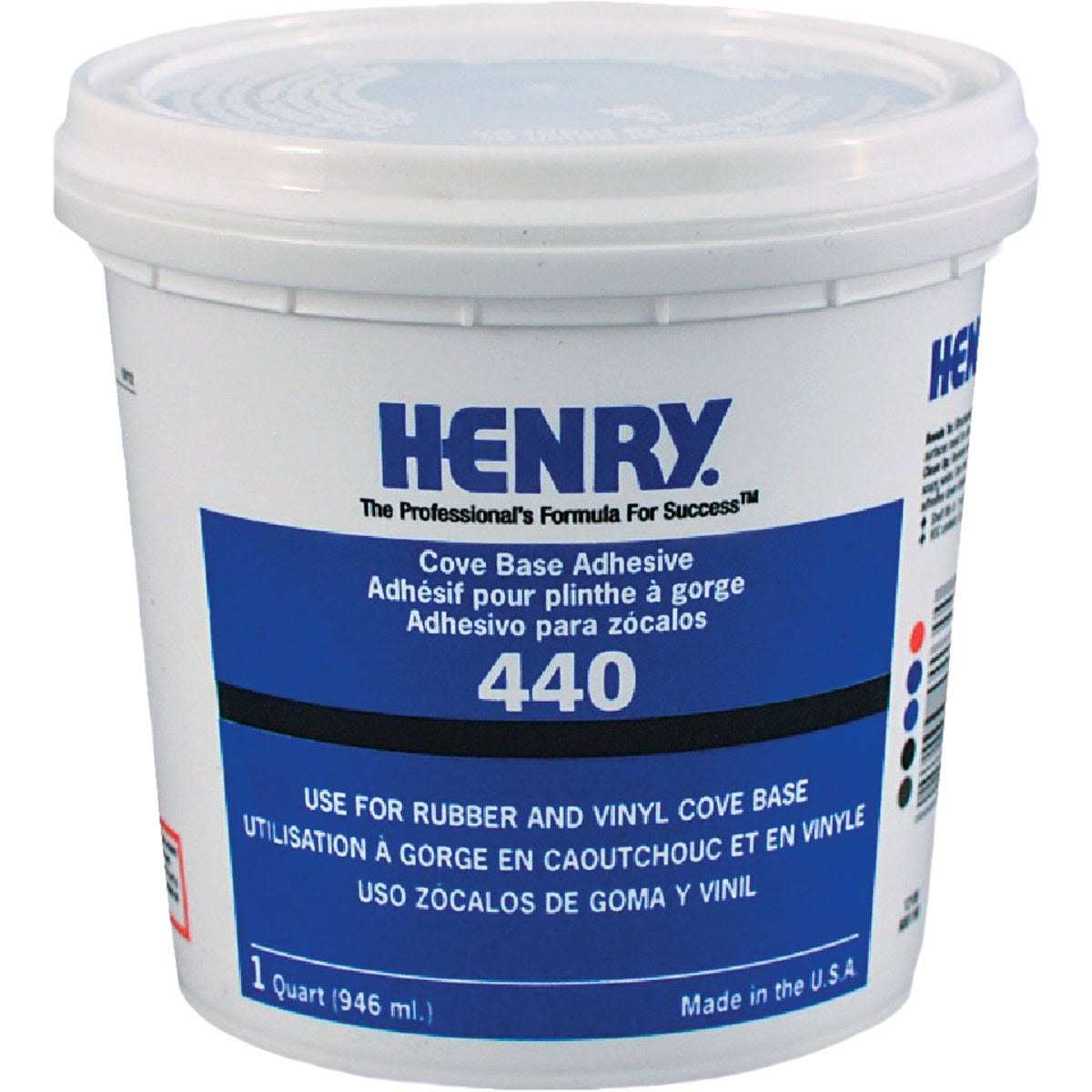 White plastic container of Henry 440 adhesive for rubber and vinyl cove base, suitable for flooring and tile projects