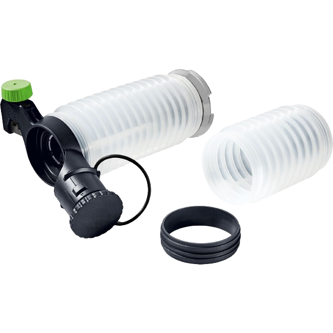 Clear flexible dust extraction hose with black connector and green adjustment knob for home improvement tools