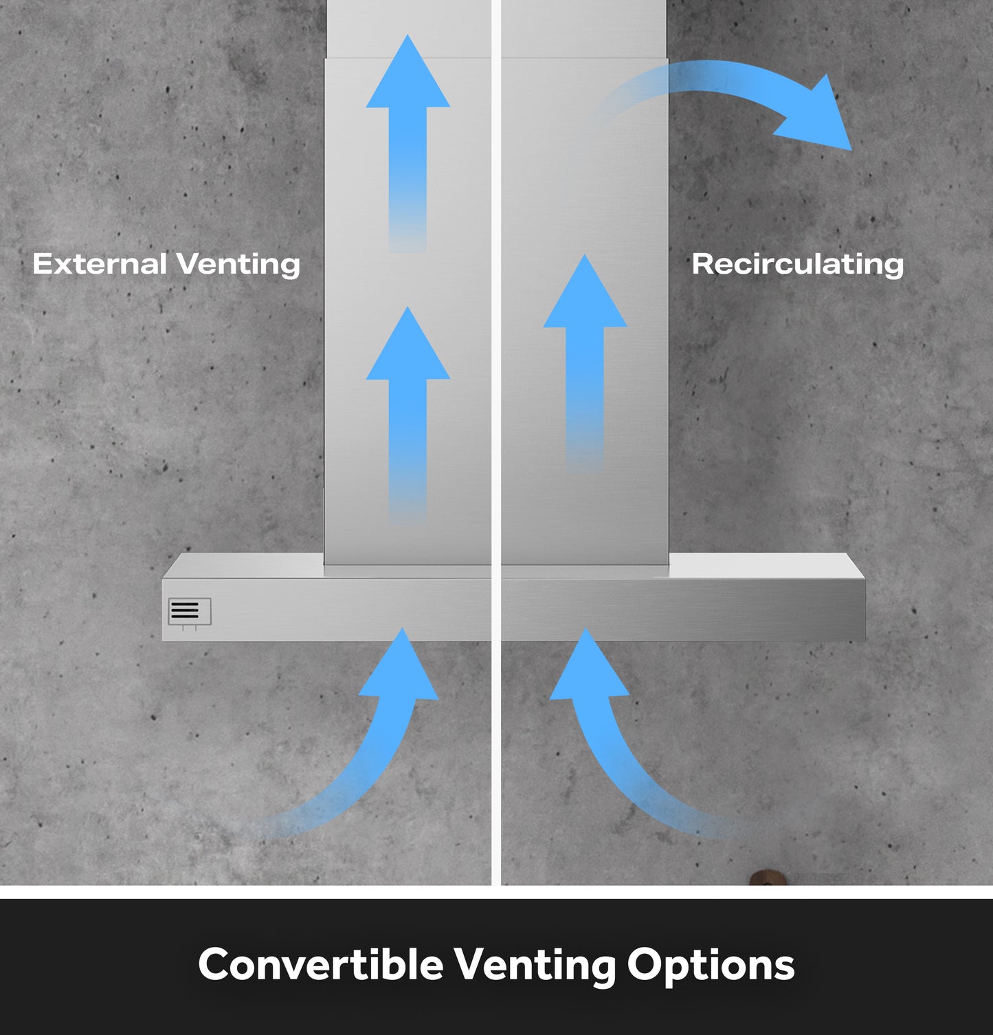Diagram illustrating convertible venting options for a vent hood with airflow directions for external venting and recirculating modes