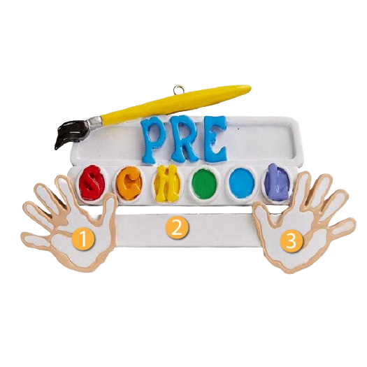Personalized preschool ornament with colorful paint palette, brush, and handprints for Christmas Ornaments & Tree Decorations collection