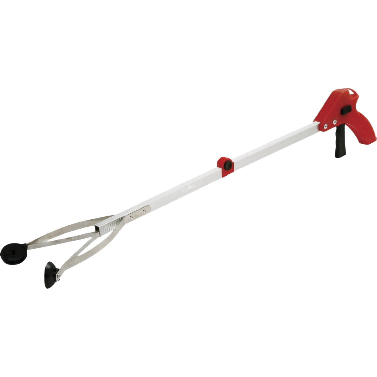30-inch long arm grabber tool with red handle and folding feature, ideal for kitchen gadgets and home improvement tasks