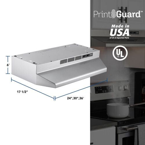 Stainless steel non-vented range hood with multiple width options and compact design for kitchen ventilation upgrades