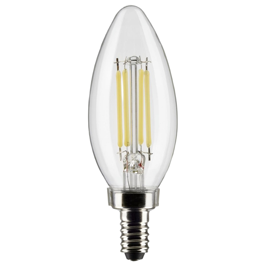 Clear LED light bulb with candelabra base, showcasing filament design for energy-efficient home lighting and ceiling fans.