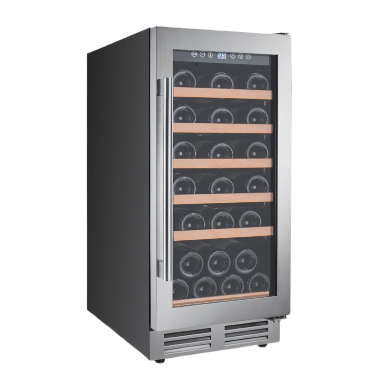 Freestanding stainless steel wine chiller with seamless glass door and wooden shelves in kitchen appliances collection