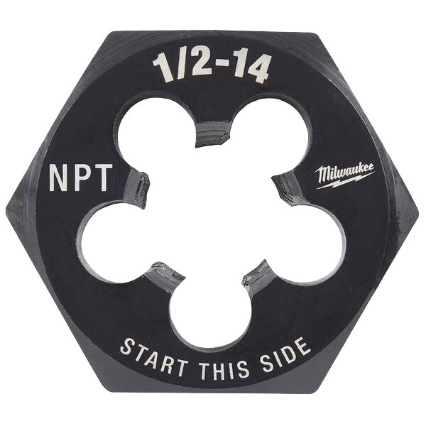 Hex-shaped threading die with 1/2-14 NPT size and clear markings for tool accessories and home improvement use