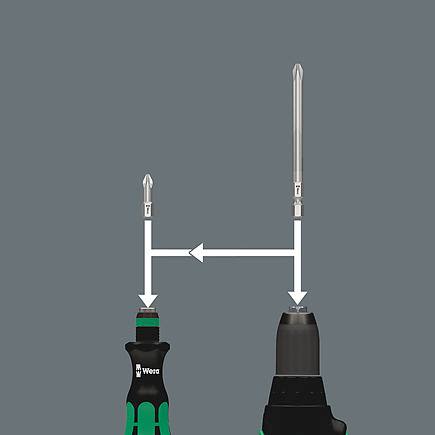 Demonstration of quick-release bit transfer between manual handle and power tool chuck in hand tools collection
