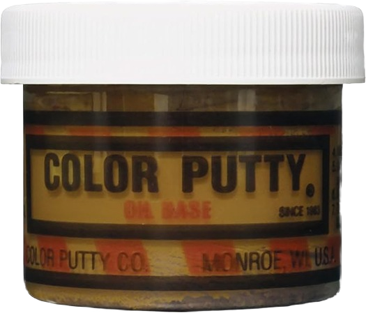 Small container of teakwood oil based wood filler putty for tools and home improvement projects