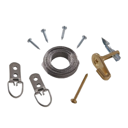 Heavy duty hardware kit with steel cable, brass hook, screws, and metal hanging brackets for home improvement projects