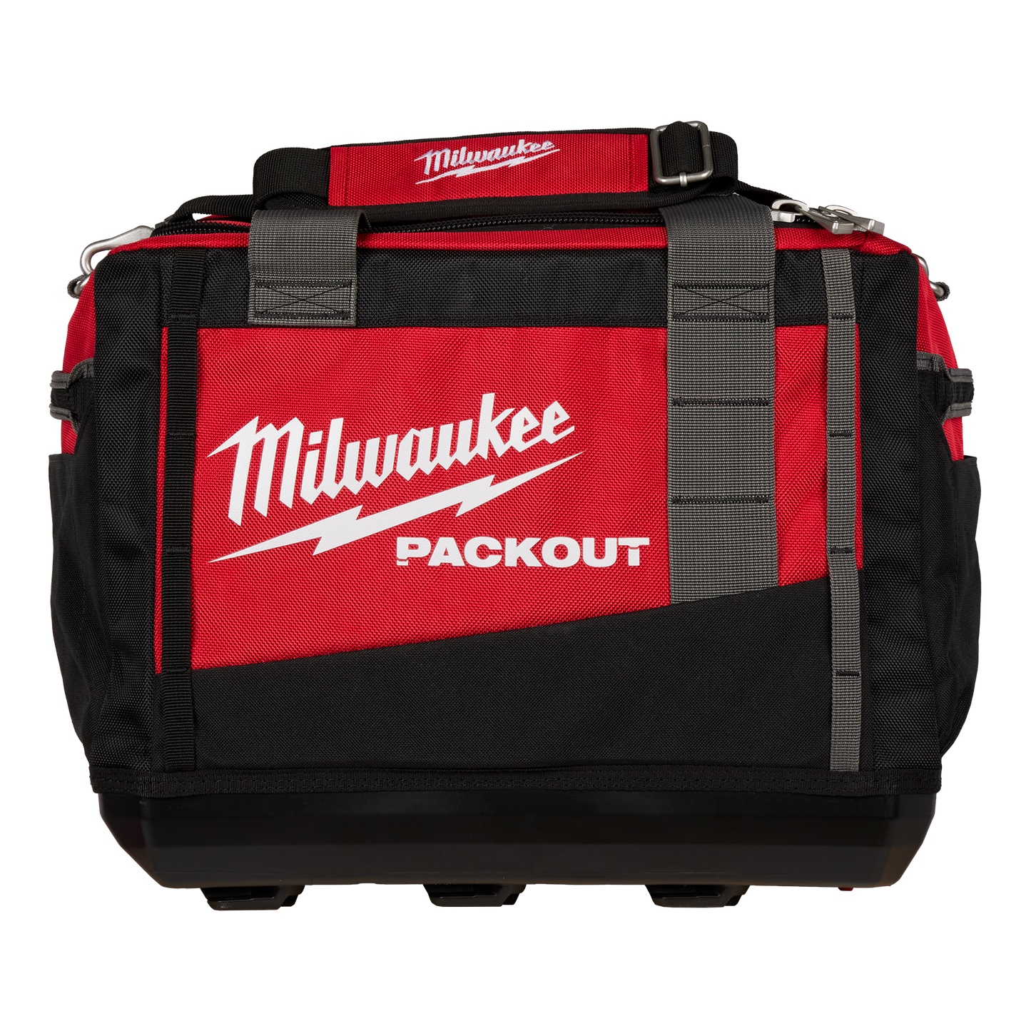 Red and black Milwaukee PACKOUT™ 15" tool bag with durable fabric and shoulder strap for tools and home improvement use