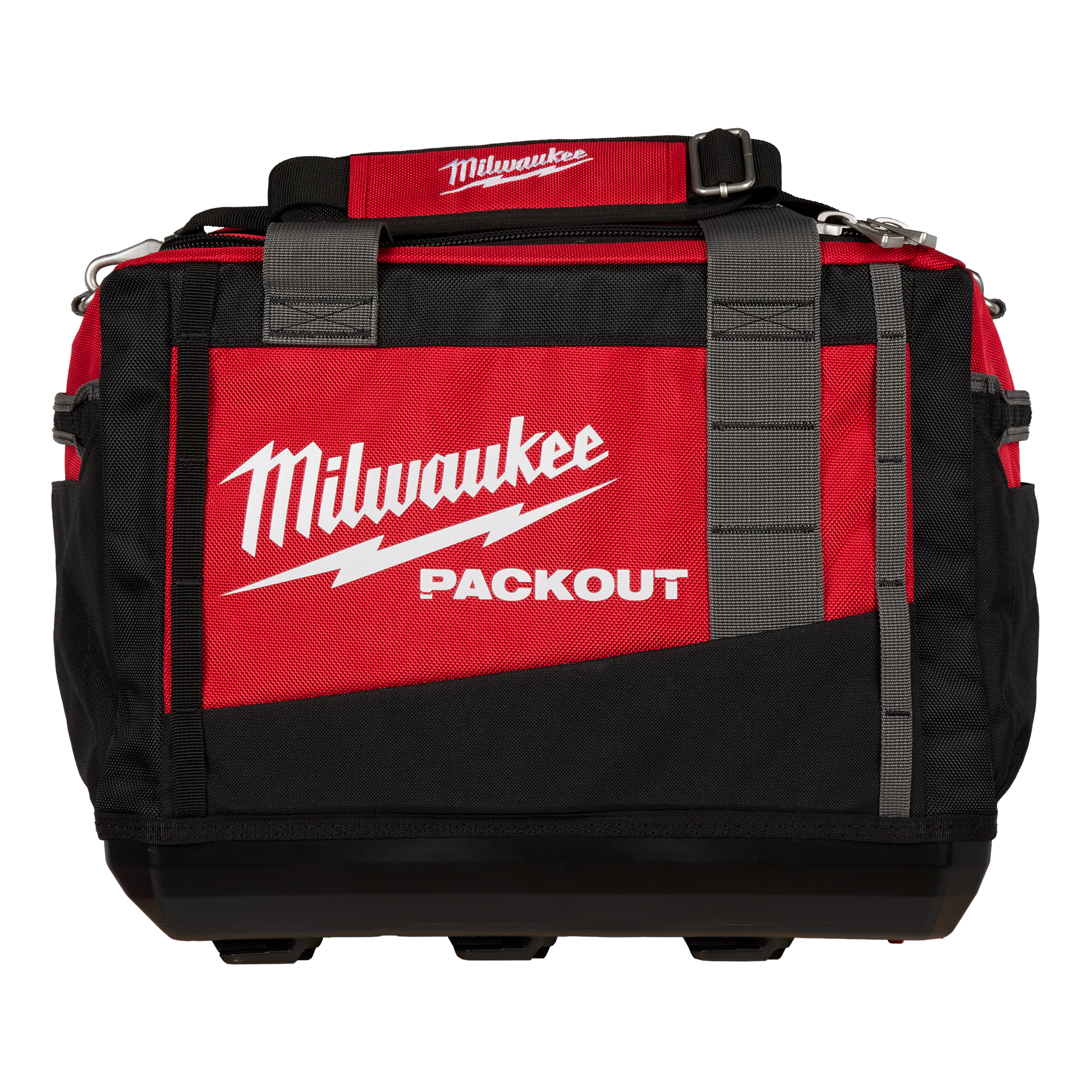 Red and black Milwaukee PACKOUT™ 15" tool bag with durable fabric and shoulder strap for tools and home improvement use