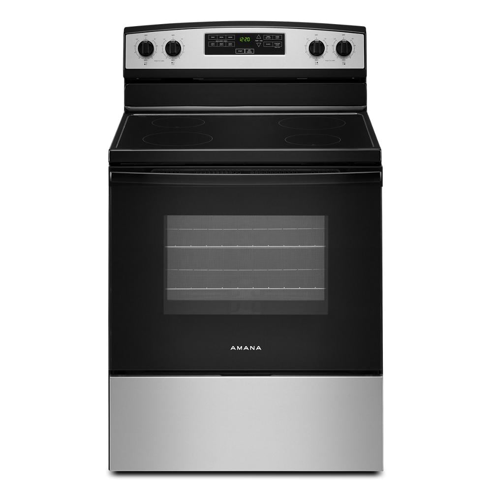 30-inch electric range with smooth cooktop, stainless steel and black finish, extra-large oven window in kitchen appliances