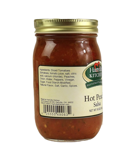 Glass jar of hot peach salsa with gold metal lid from Hartville Kitchen salsas under $25 collection