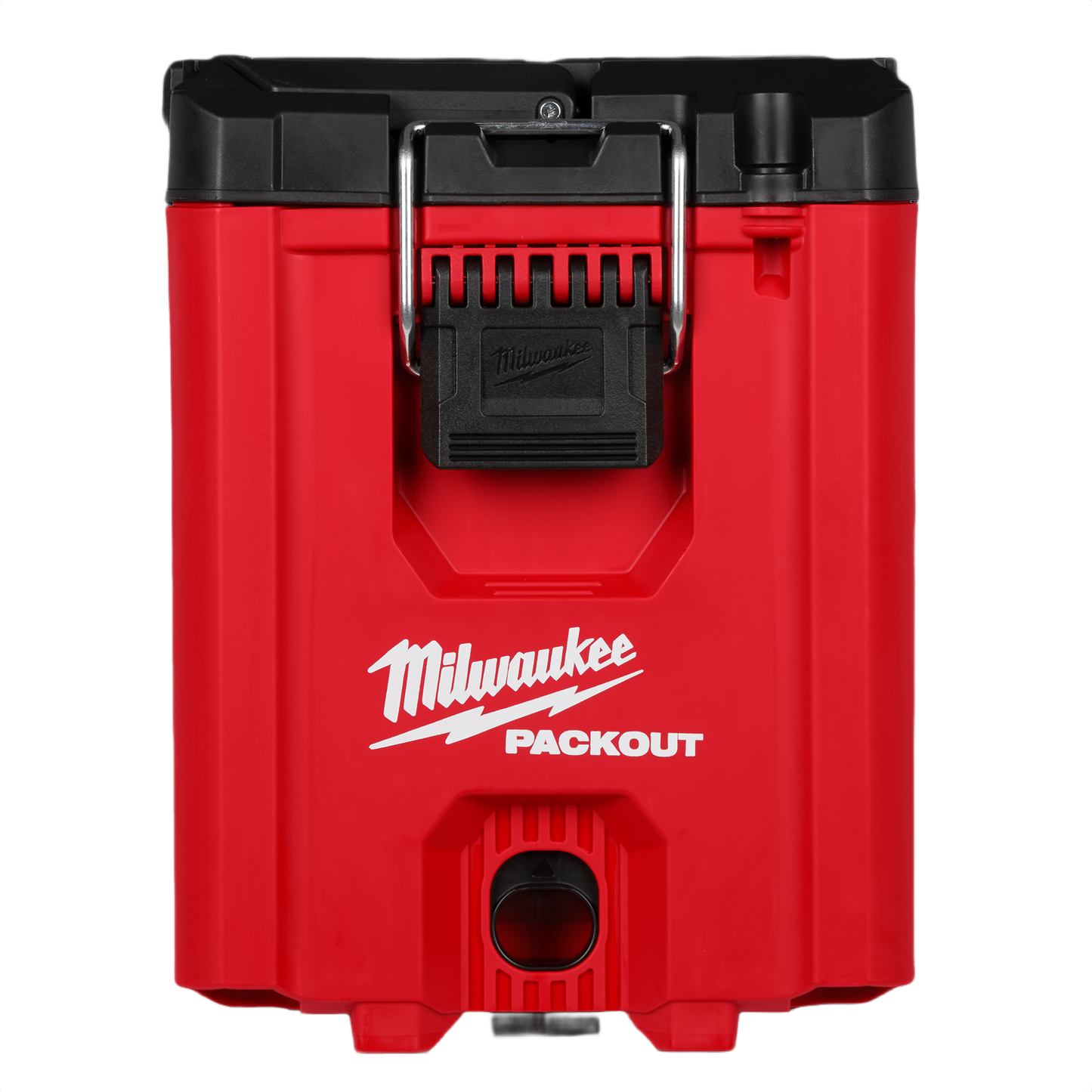 Red and black compact tool box with heavy-duty latch and impact-resistant construction for durable jobsite storage