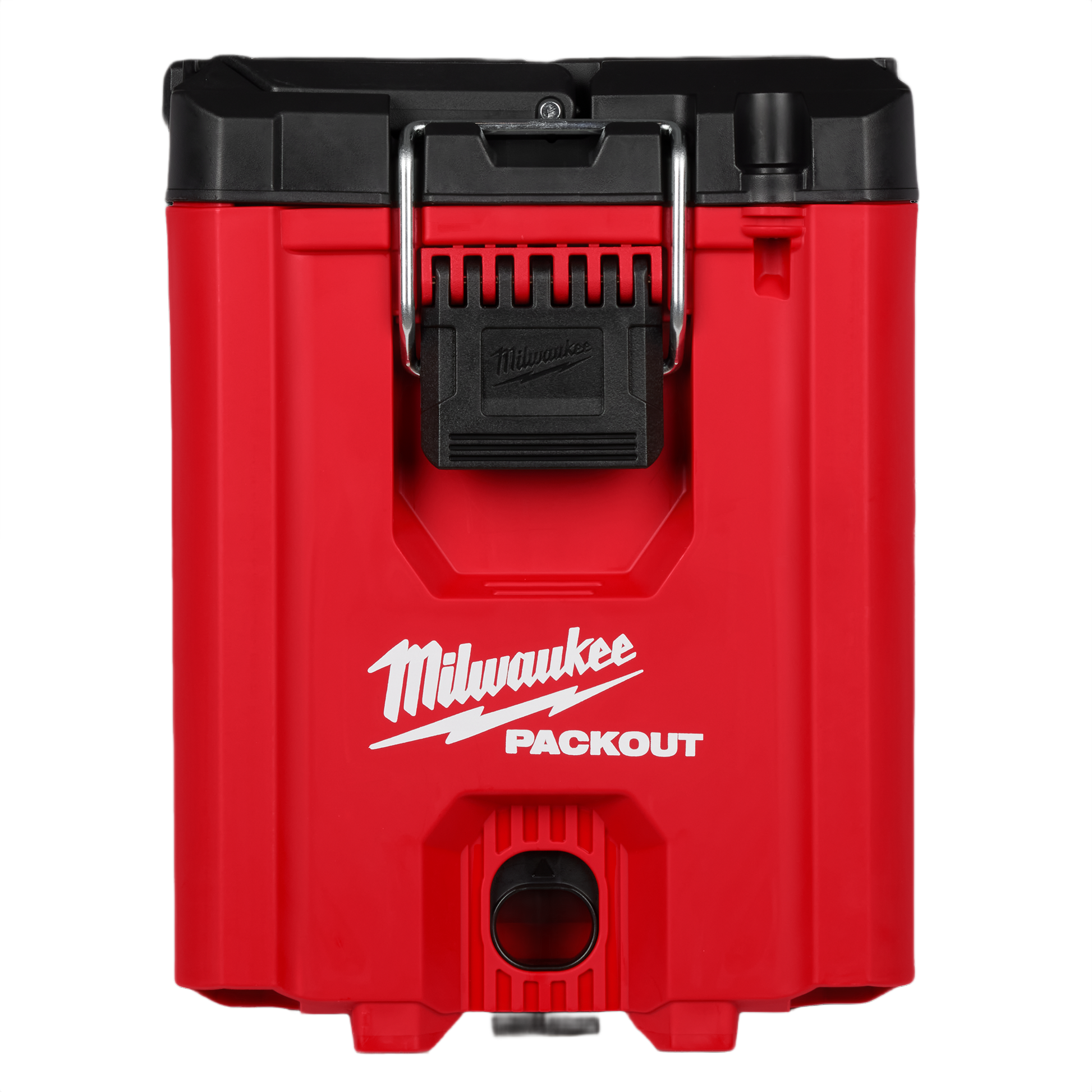 Red and black compact tool box with heavy-duty latch and impact-resistant construction for durable jobsite storage