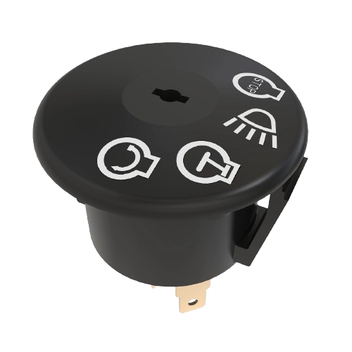 Black rotary ignition switch with white function icons and metal connector terminals for tools and home improvement.