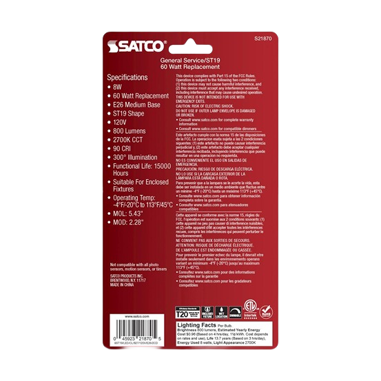 Back of Satco 8 Watt LED ST19 bulb packaging showing specifications, safety, and usage instructions in lighting category