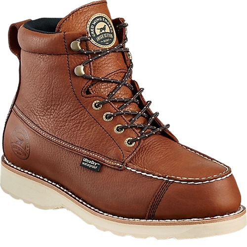 Light brown leather lace-up work boot with padded collar and waterproof UltraDry tag on white sole