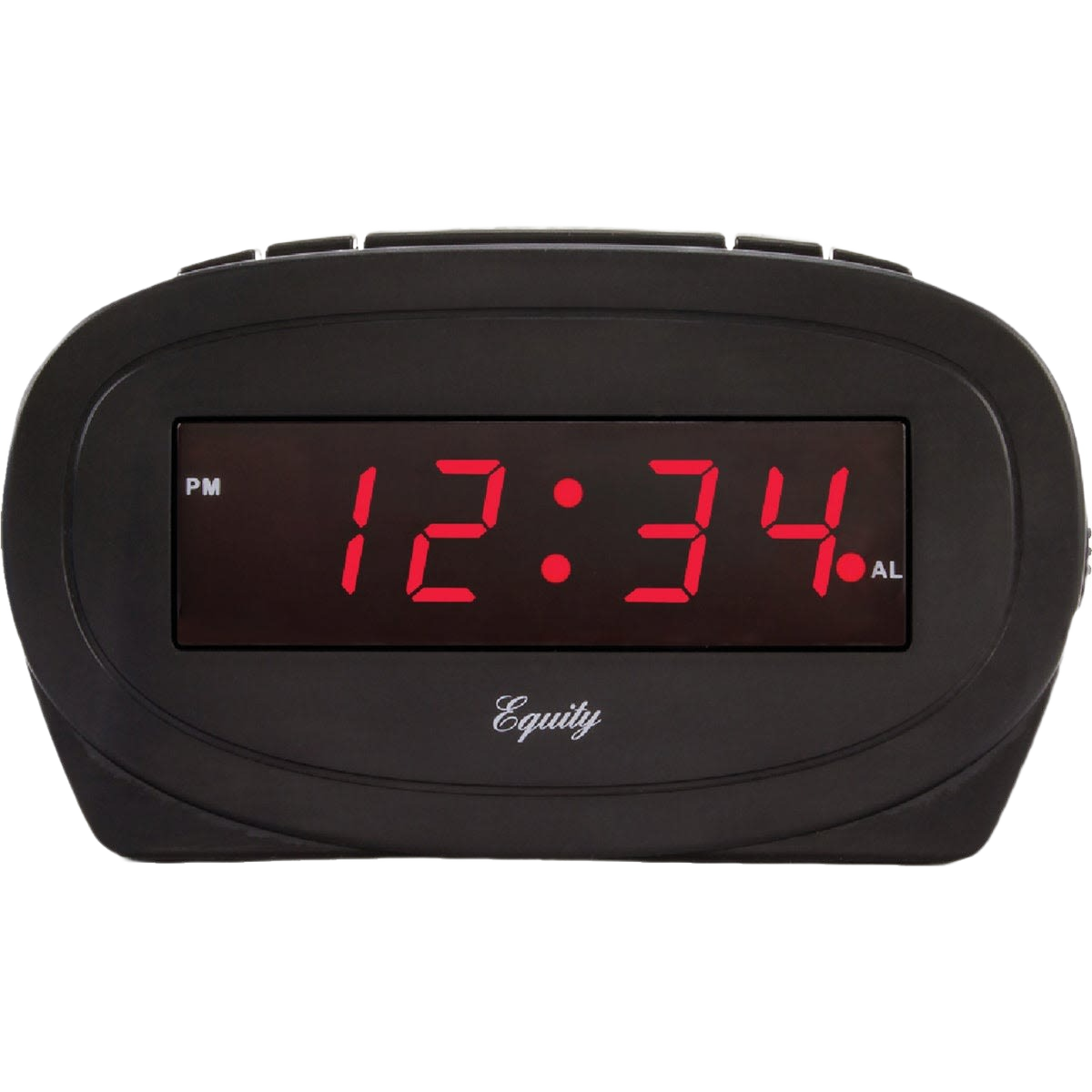 Digital electric alarm clock with red LED display and black curved plastic casing for home use