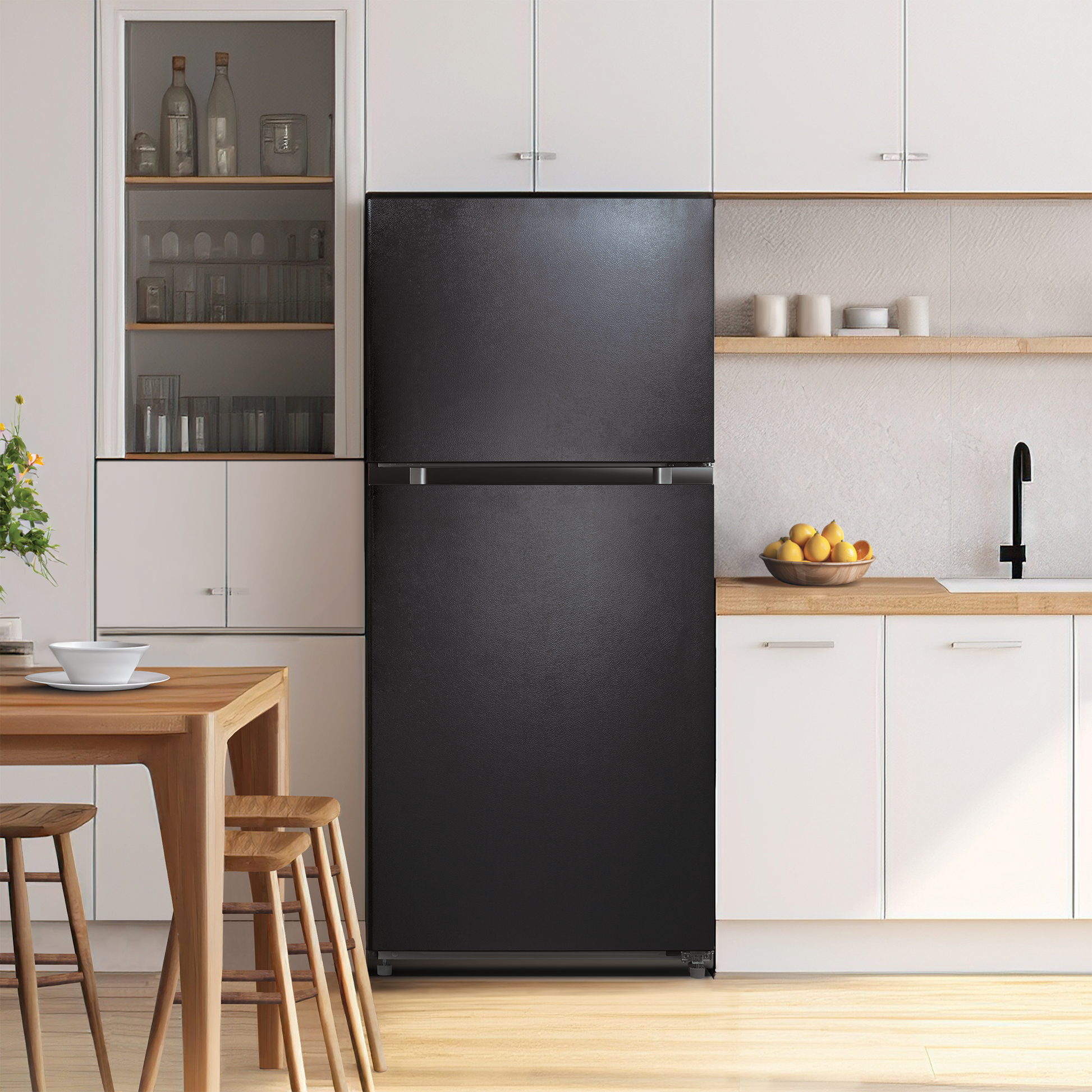 Black top freezer refrigerator in modern kitchen setting with white cabinetry and wooden dining furniture in appliances collection