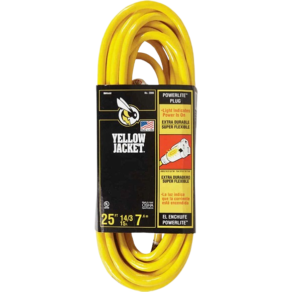Heavy-duty yellow extension cord with power indicator plug for electrical and home improvement tool use under $100 collection
