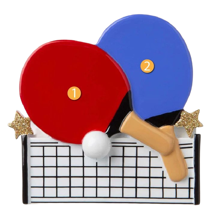Ornament featuring red and blue ping pong paddles and white ball over net in Christmas Ornaments & Tree Decorations collection