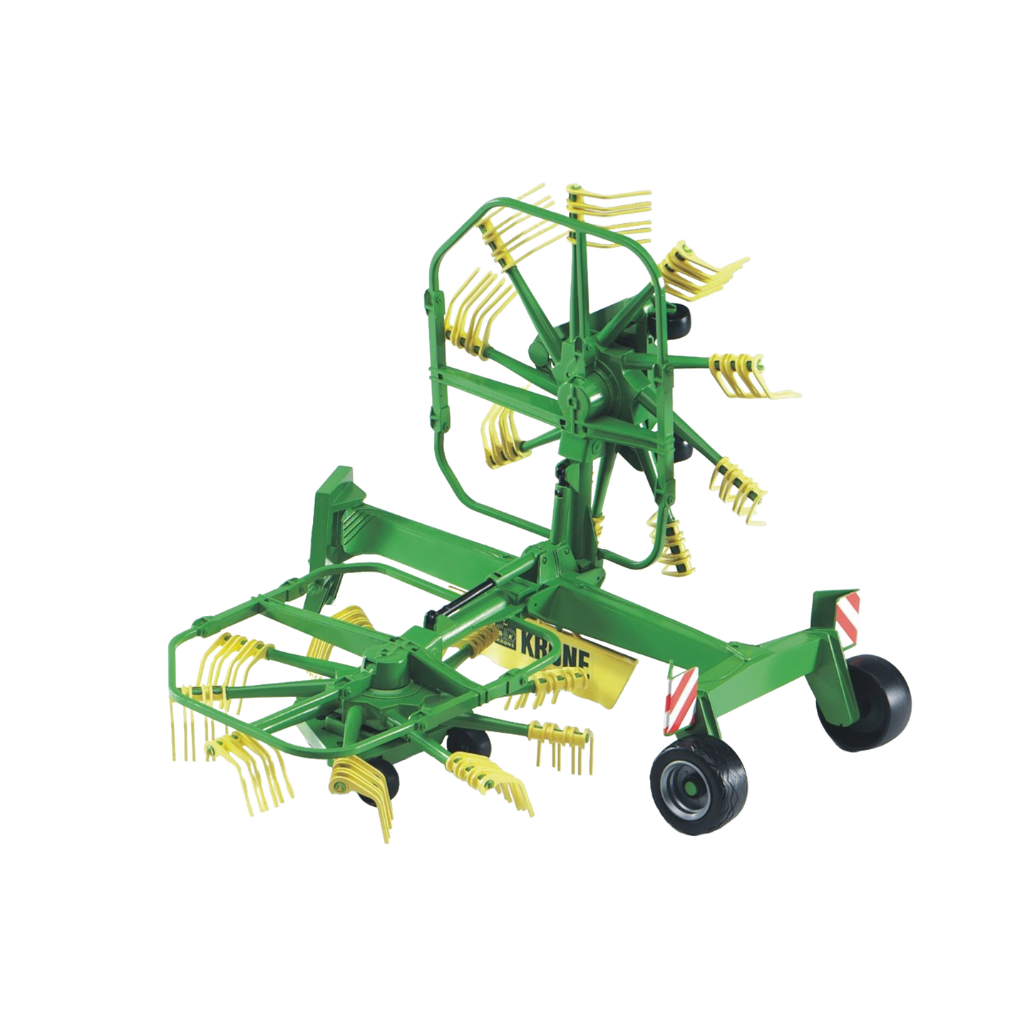 Green and yellow Bruder Krone dual rotary swath windrower model with folding arms in vehicles and toys collection under $100