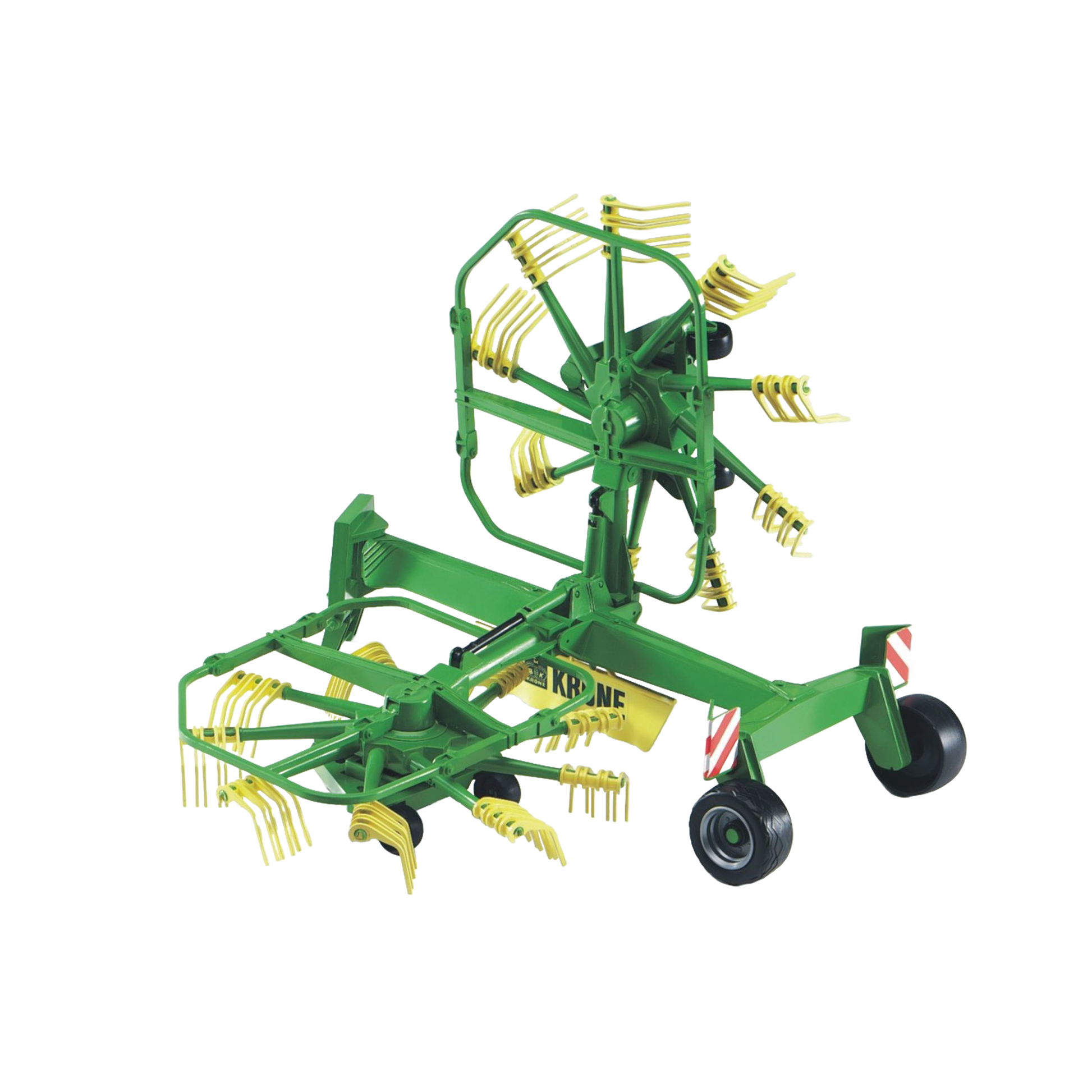 Green and yellow Bruder Krone dual rotary swath windrower model with folding arms in vehicles and toys collection under $100