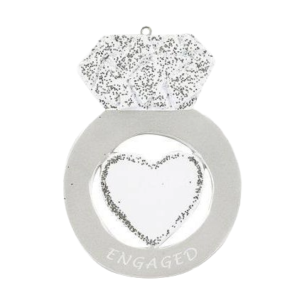 Silver engagement ring ornament with glittery diamond and heart detail, festive Christmas decoration under $50