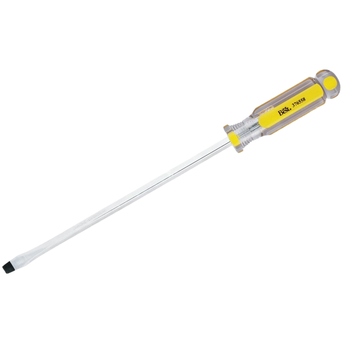 Clear handle slotted screwdriver with yellow accents and long metal blade for home improvement tasks