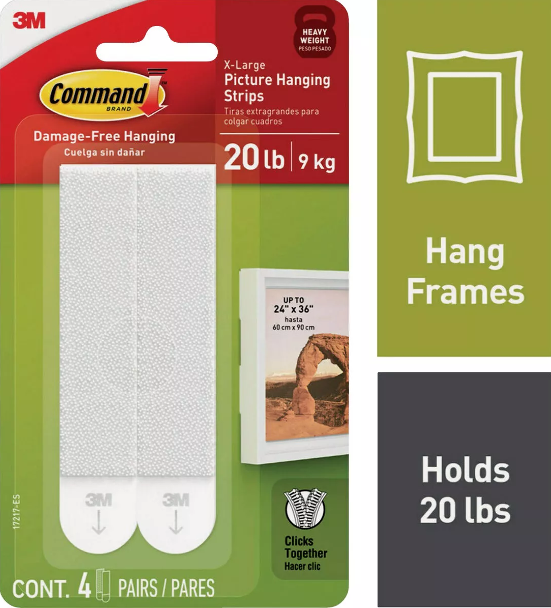 4 pairs of white picture hanging strips supporting up to 20 pounds for damage-free frame hanging in hardware collections