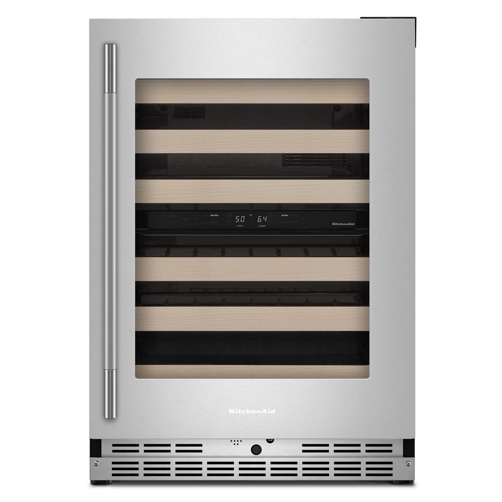 24-inch undercounter wine cellar with stainless steel frame and wood-front racks in KitchenAid appliances collection