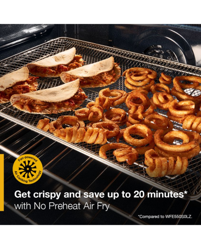 Air frying tacos and seasoned onion rings on a wire rack inside electric range for faster crispy results