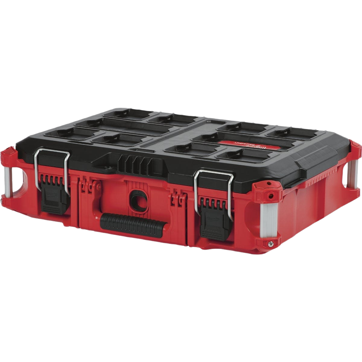 Compact red and black Milwaukee PACKOUT™ tool box with sturdy latches and an ergonomic handle for tool storage
