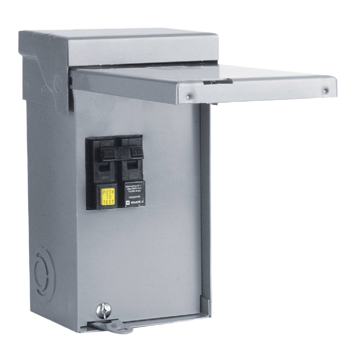 Gray metal electrical load center with hinged cover and circuit breaker for home improvement projects