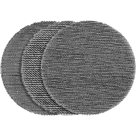 Set of three round mesh sanding discs with varied grit textures for tool use in home improvement projects