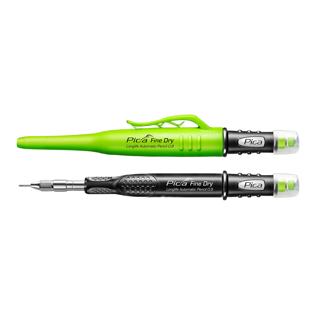 Two PICA Fine-Dry 0.9 mechanical pencils in green and black for precise marking in woodworking and office supplies collections