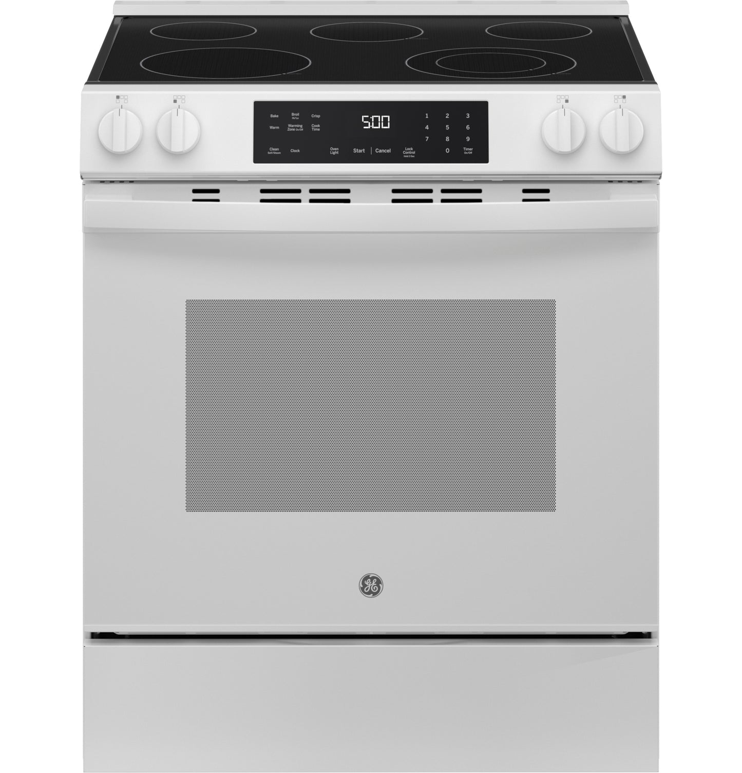 White slide-in electric range with smooth glass cooktop, digital control panel, and four cooking zones from Electric Ranges collection