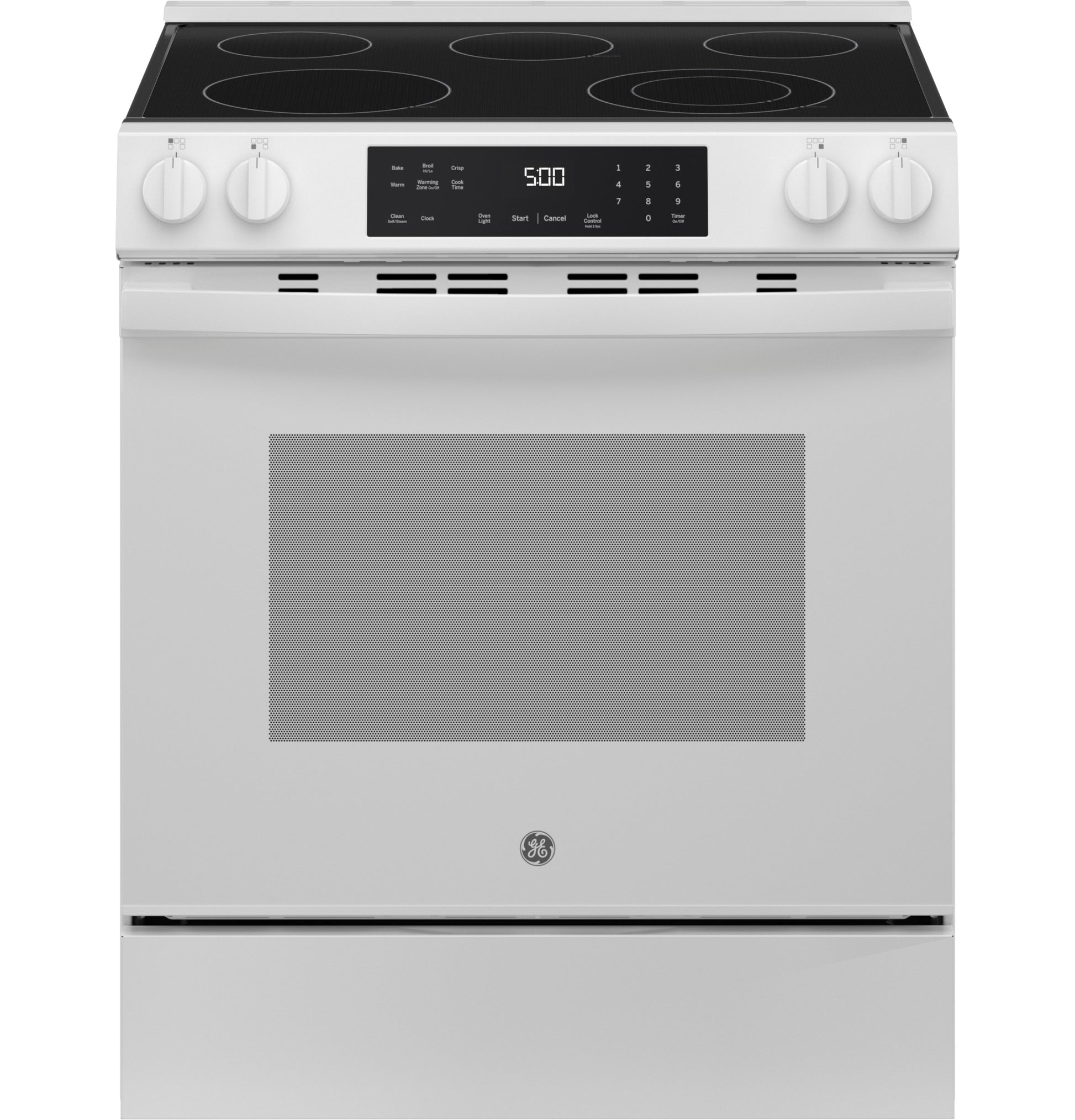 White slide-in electric range with smooth glass cooktop, digital control panel, and four cooking zones from Electric Ranges collection