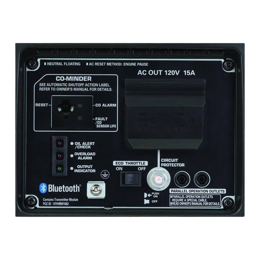 Control panel of 120V portable inverter generator with Bluetooth, circuit protector, and multiple indicator lights for home improvement tools