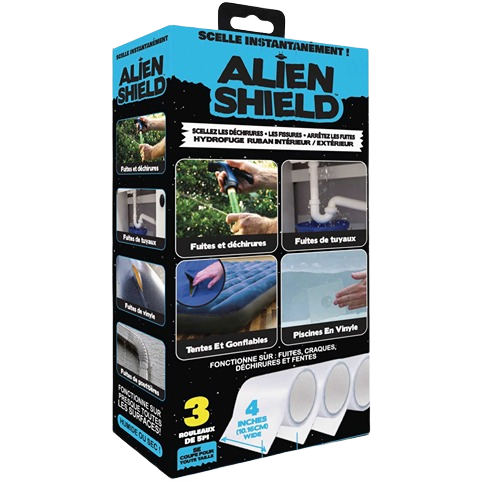 Blue and black packaging of Alien Shield repair tape showing uses for leaks, rips, and tears in home improvement collections