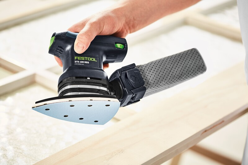 Compact Festool palm sander with perforated dust collection bag for efficient home improvement sanding tasks